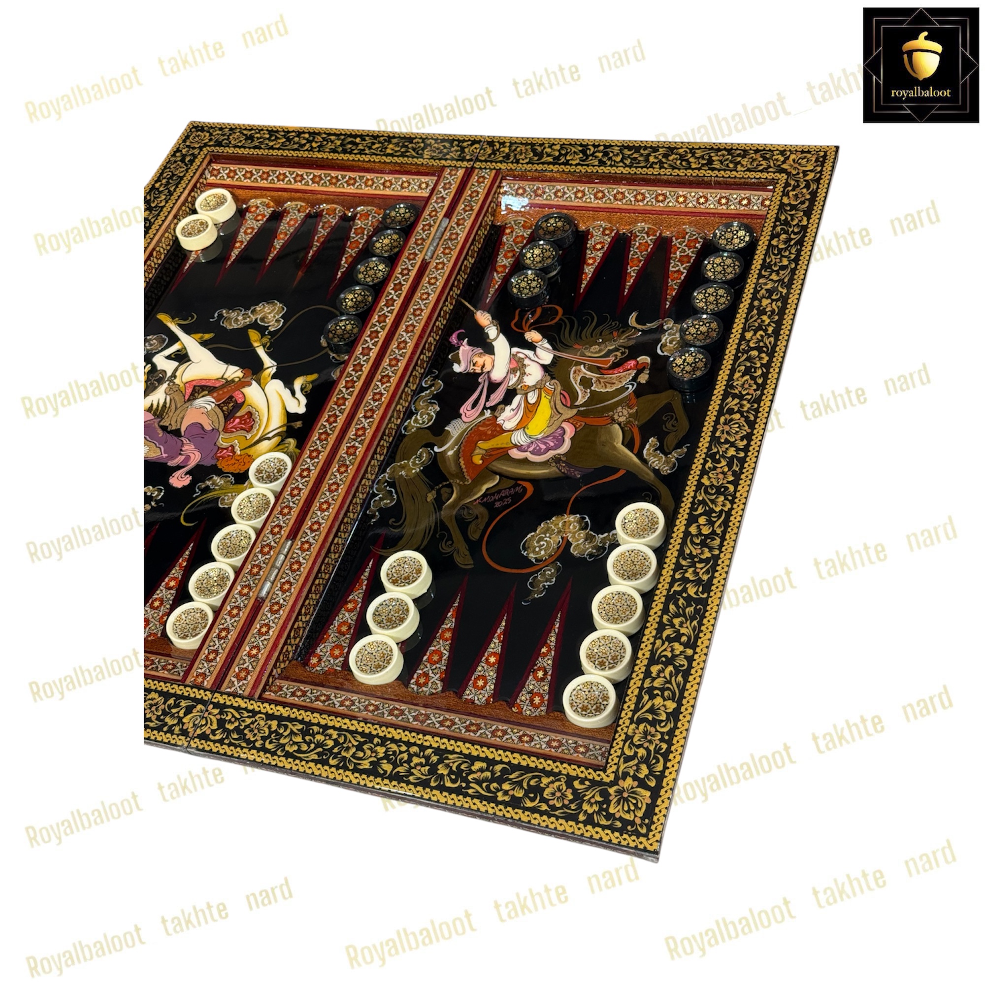 خرید تخته نرد خاتم شکار سه بعدی کد 414 خرید تخته نرد خاتم نقاشی شکار سه بعدی