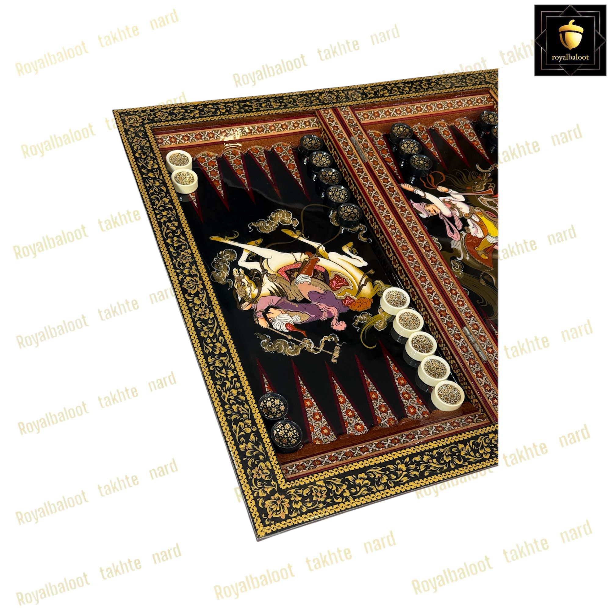 خرید تخته نرد خاتم شکار سه بعدی کد 414 خرید تخته نرد خاتم نقاشی شکار سه بعدی