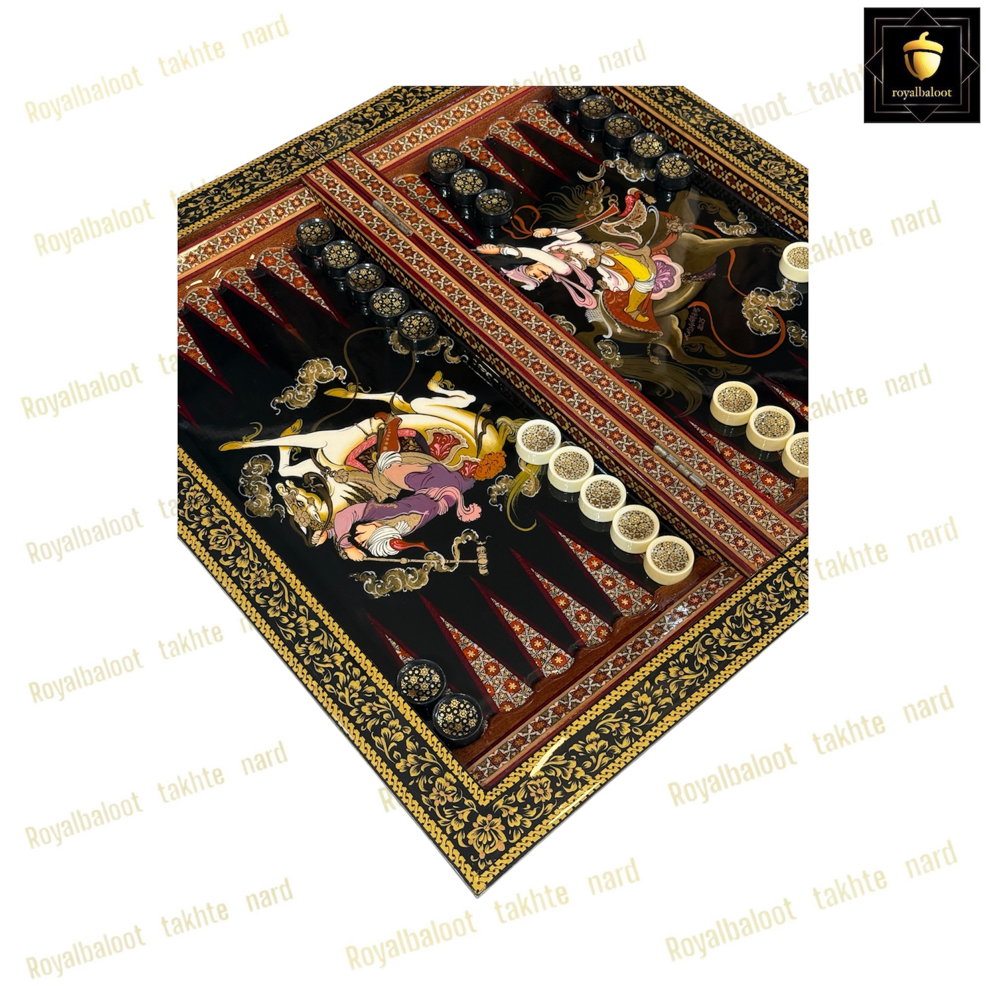 خرید تخته نرد خاتم شکار سه بعدی کد 414 خرید تخته نرد خاتم نقاشی شکار سه بعدی