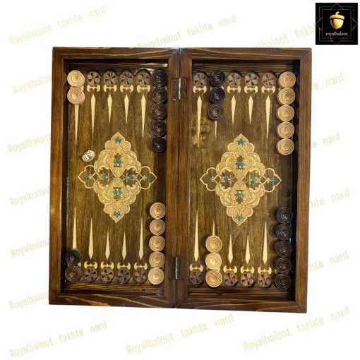 خرید تخته نرد چوب راش معرق سنتی فیروزه ای