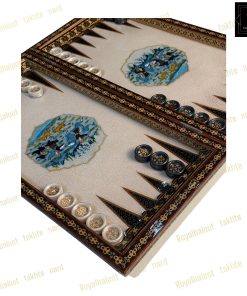 خرید تخته نرد خاتم نقاشی تذهیب و شکار فیروزه ای