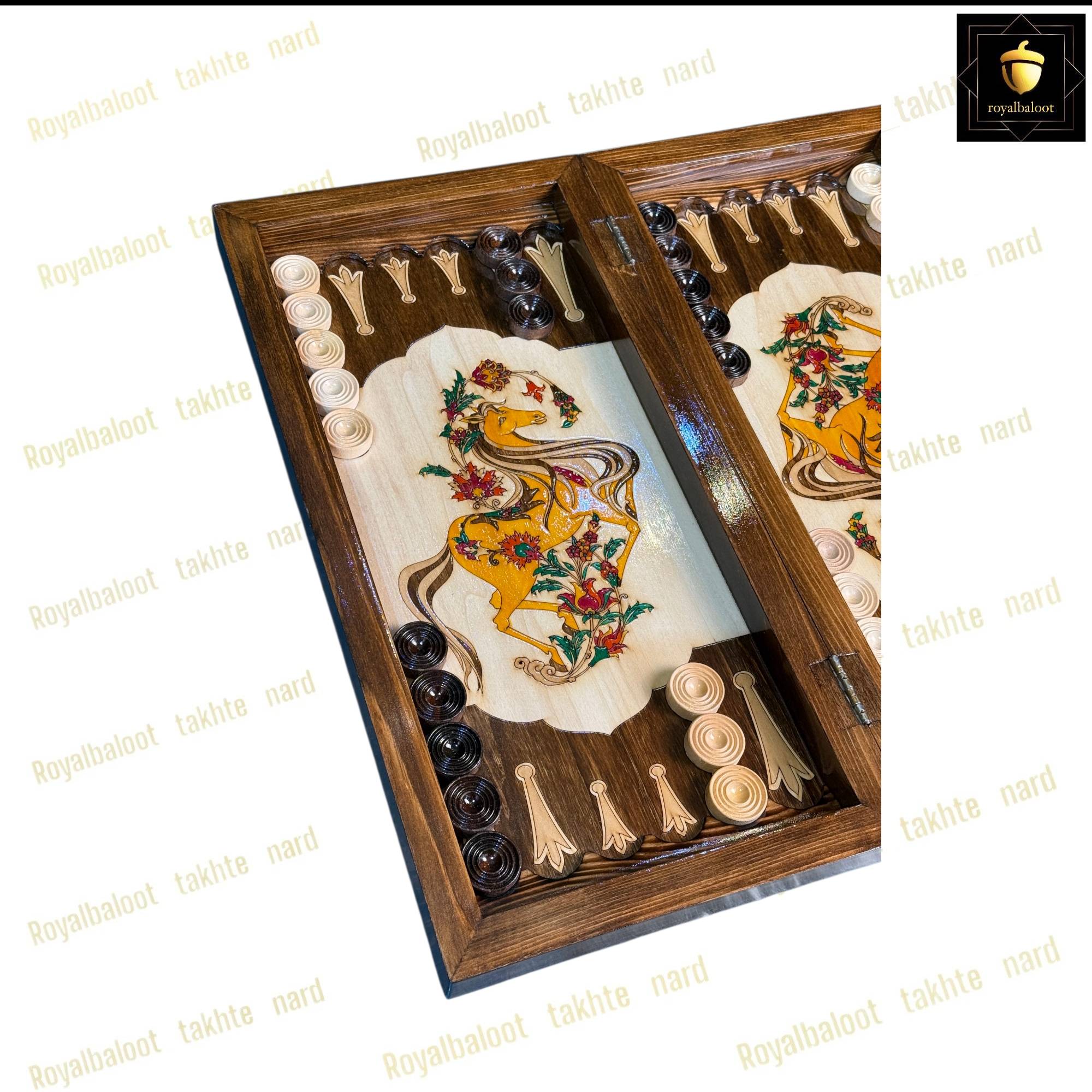 خرید تخته نرد راش معرق اسب طلایی کد 550 خرید تخته نرد راش معرق اسب طلایی کد 550