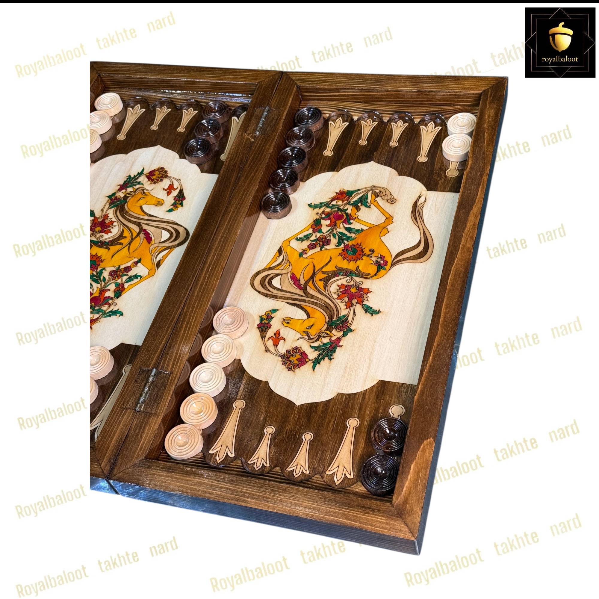 خرید تخته نرد راش معرق اسب طلایی کد 550 خرید تخته نرد راش معرق اسب طلایی کد 550