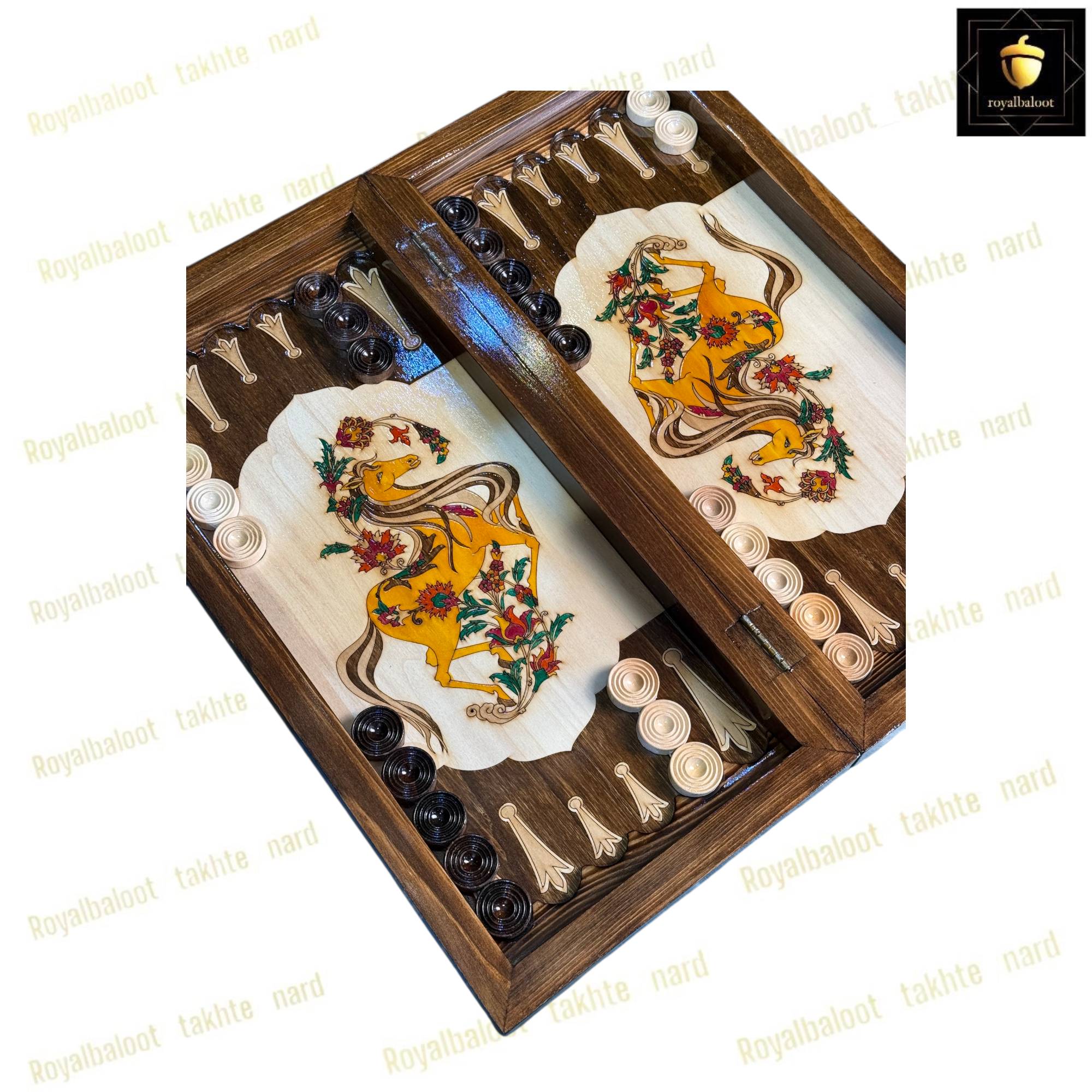 خرید تخته نرد راش معرق اسب طلایی کد 550 خرید تخته نرد راش معرق اسب طلایی کد 550