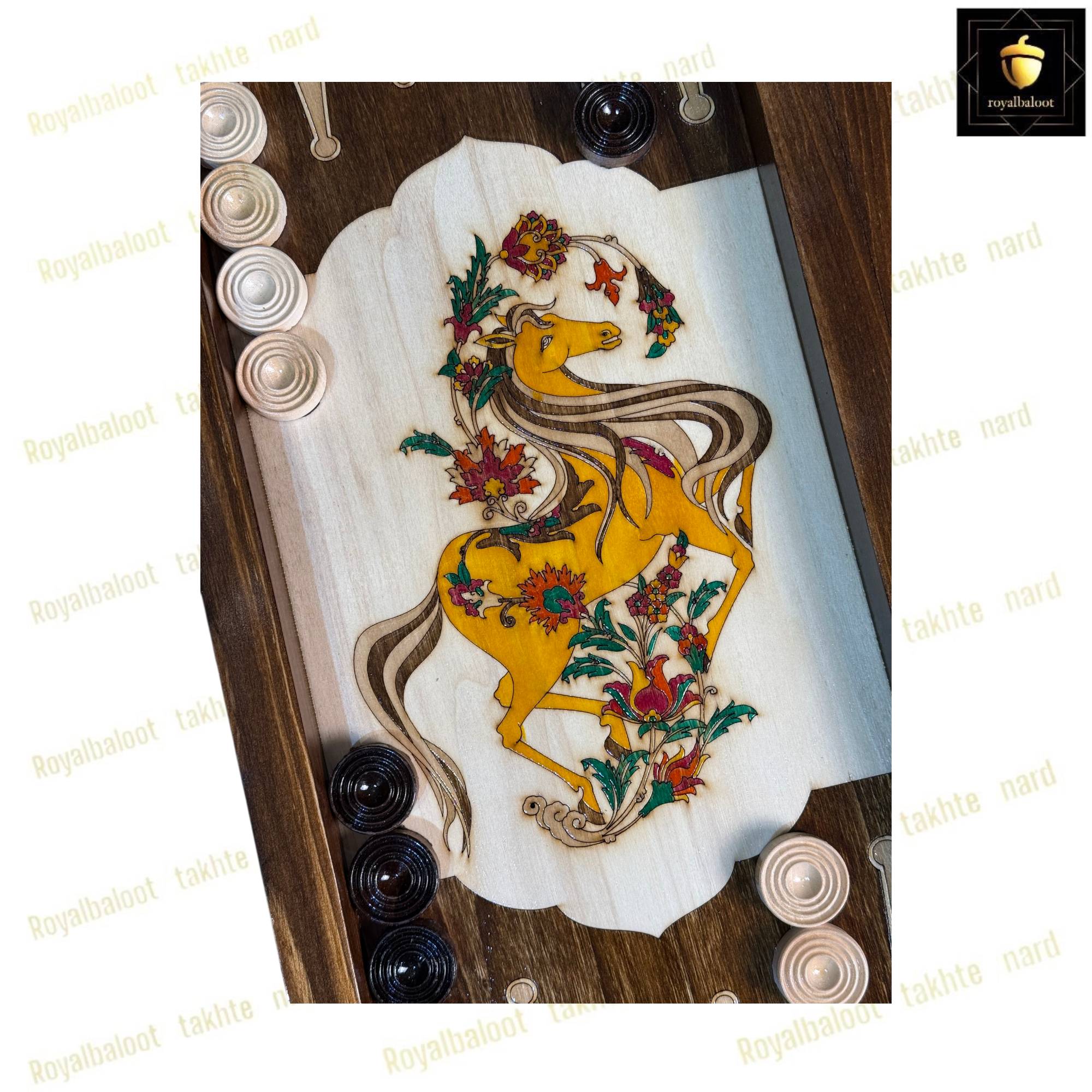 خرید تخته نرد راش معرق اسب طلایی کد 550 خرید تخته نرد راش معرق اسب طلایی کد 550