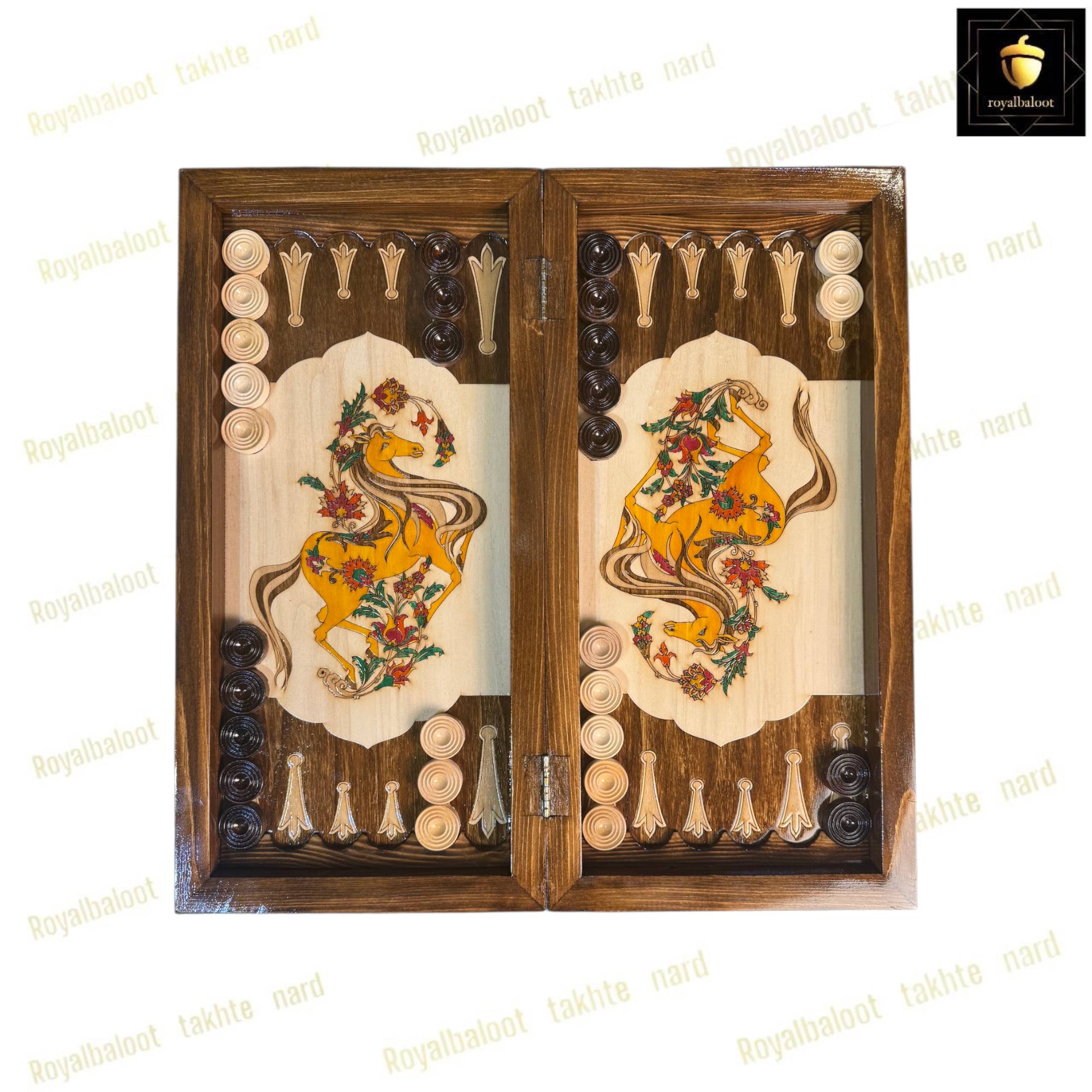 خرید تخته نرد راش معرق اسب طلایی کد 550 خرید تخته نرد راش معرق اسب طلایی کد 550